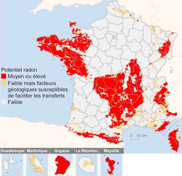 Carte de France des zones à potentiel radon — niveau 1, 2 et 3 par commune