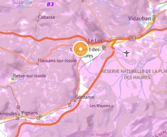 En violet, les zones concernées par l'OLD, soit la quasi-totalité du territoire communal du Luc