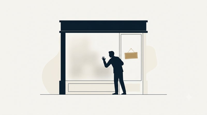 Un repreneur tente de voir à travers la vitrine embuée d'un commerce, symbole d'une annonce sans dossier de présentation